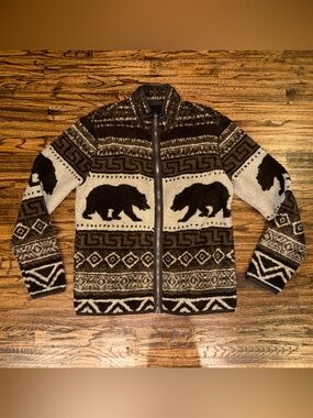 Lucky Brand Sherpa Brown Bear Geometric Jacquard Fleece Outdoor Jacket Medium